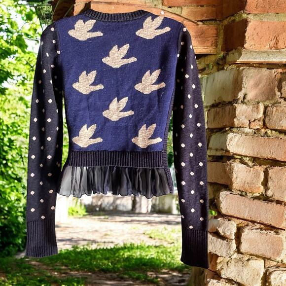Anthropologie Leifnotes Blue Black White Bird Flying Sweater Cardigan Size XS - Picture 2 of 12